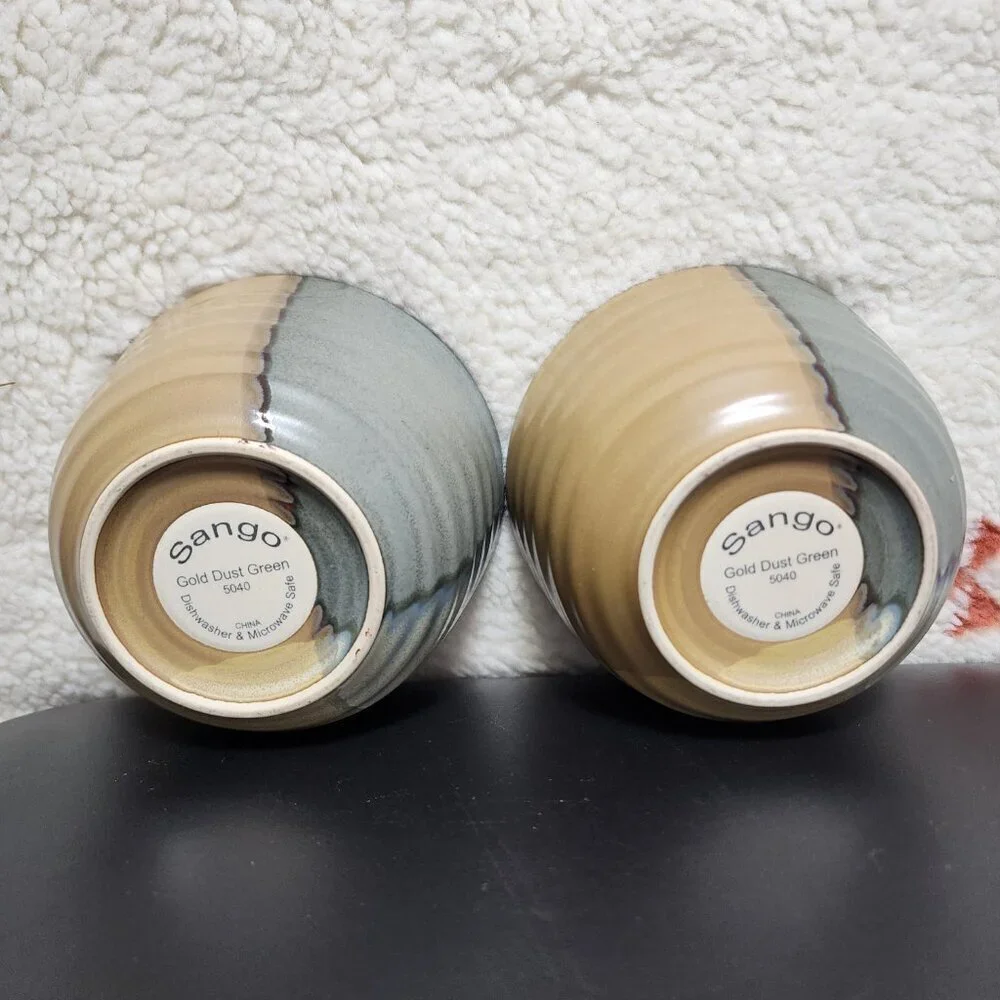 Vintage Sango Gold Dust Green 5040 5" Ice Cream Bowls Mixing Textured Set of 2 - Picture 2 of 6